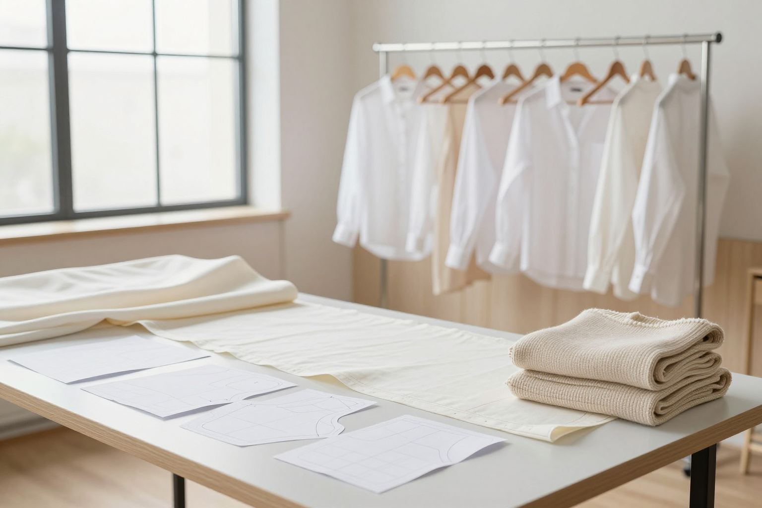 服装工作室中的布料、衣架和设计细节
